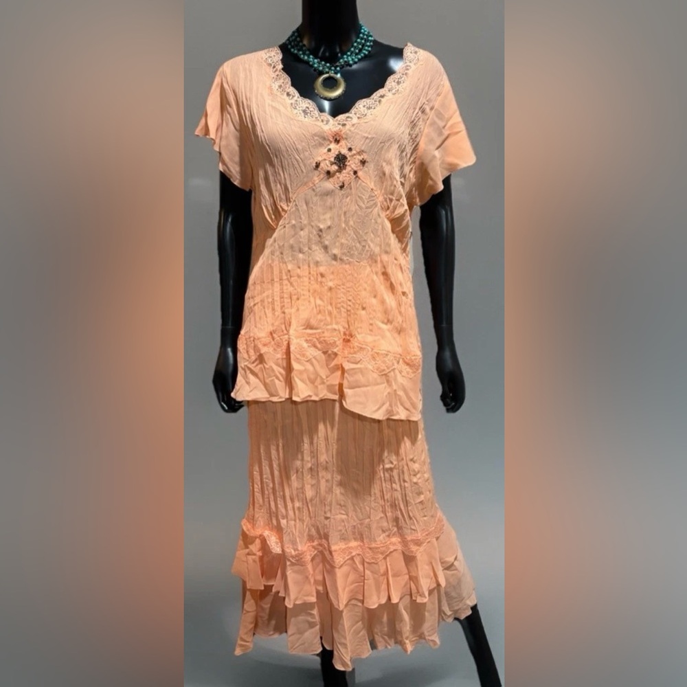 Signature By Robbie Bee Melon Or Peach Chiffon Ruffle Summer Skirt Set Sz 14 NWT